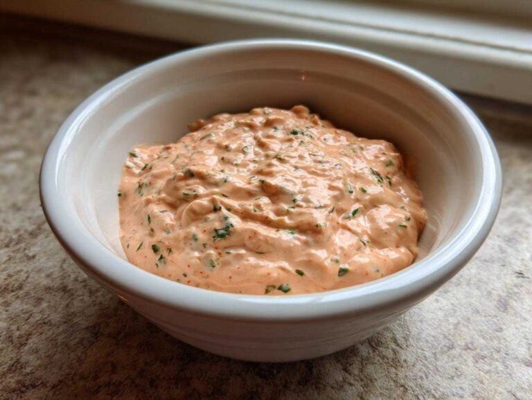 A close-up of thick, pinkish-orange homemade remoulade sauce speckled with green herbs in a small white bowl.