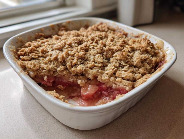 A close-up of a warm, freshly baked rhubarb crisp with a thick, golden oat topping in a white square baking dish.