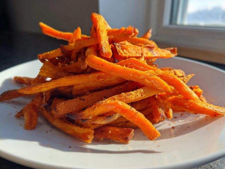 A close-up, sunlit pile of crispy, seasoned sweet potato fries served on a white plate.