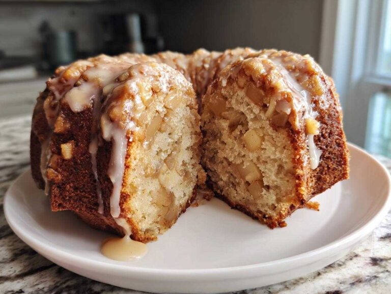 A close-up of a sliced apple amaretto cake, showing chunks of apple inside and a thick vanilla glaze dripping down the side.