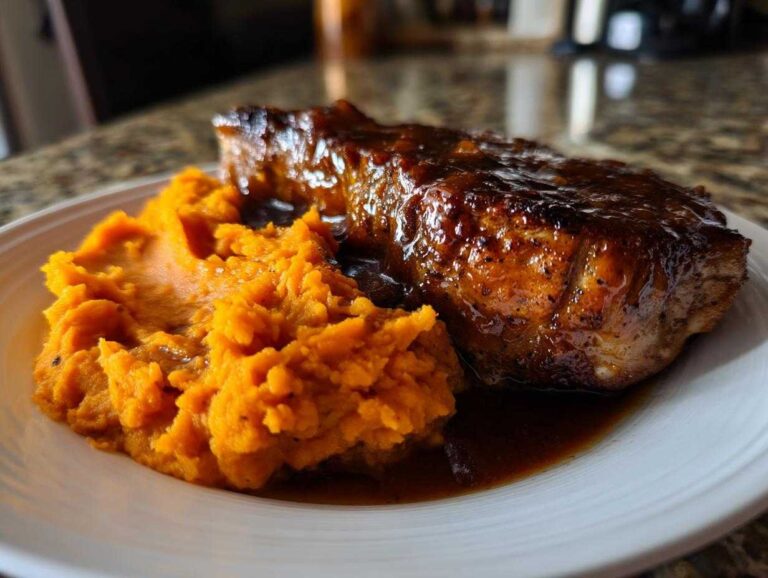 A close-up of glazed pork served next to mashed sweet potatoes, part of an apple cider pork recipe.
