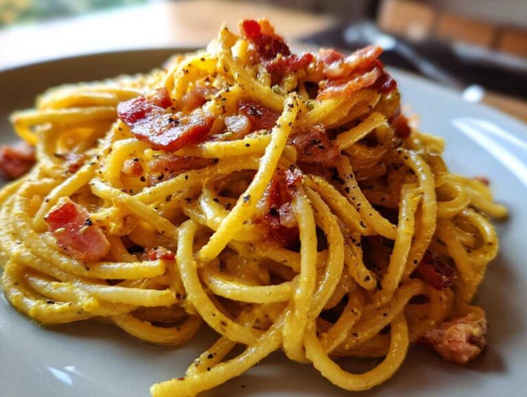 A close-up shot of a plate piled high with creamy, yellow-coated spaghetti, featuring crispy pieces of bacon and cracked black pepper in an authentic Italian bacon carbonara.