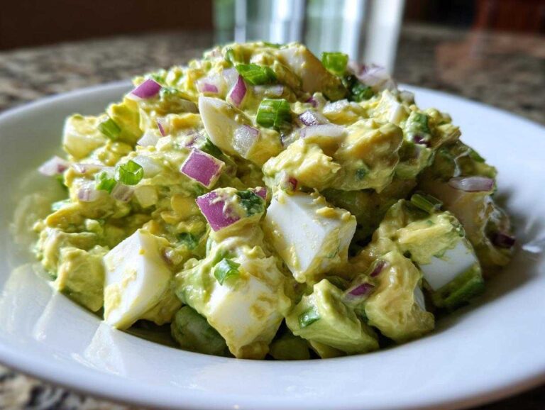 A close-up serving of creamy avocado egg salad mixed with chopped hard-boiled eggs, red onion, and green onions.