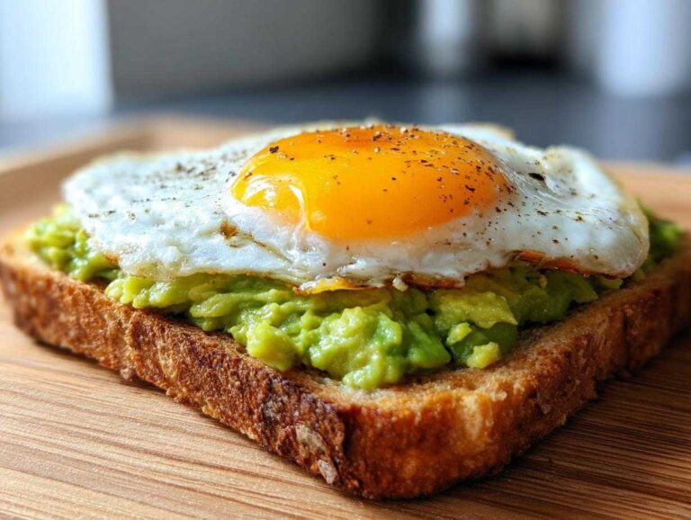 Close-up of a perfect avocado egg sandwich featuring mashed avocado and a sunny-side-up egg on toasted bread.