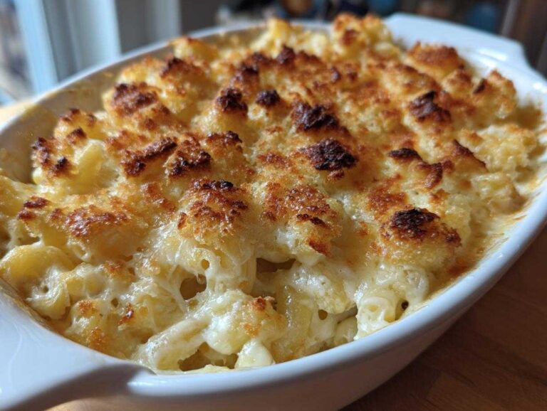 Close-up of baked panera mac and cheese in a white dish with a bubbly, golden-brown, cheesy crust.