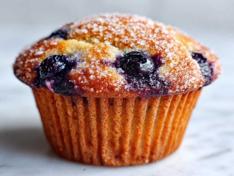 A close-up of a single bakery-style fluffy blueberry muffin topped with coarse sugar.