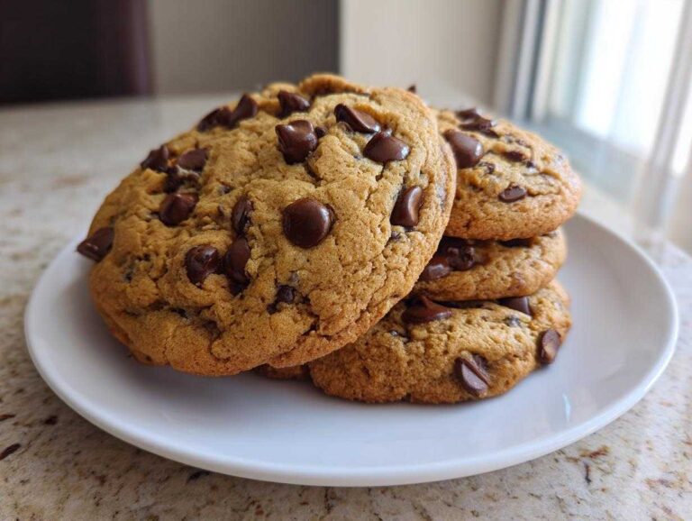 A stack of four freshly baked banana bread chocolate chip cookies piled on a white plate.