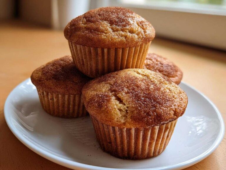 A stack of four freshly baked banana cinnamon greek yogurt muffins topped with a cinnamon sugar crust, resting on a white plate.