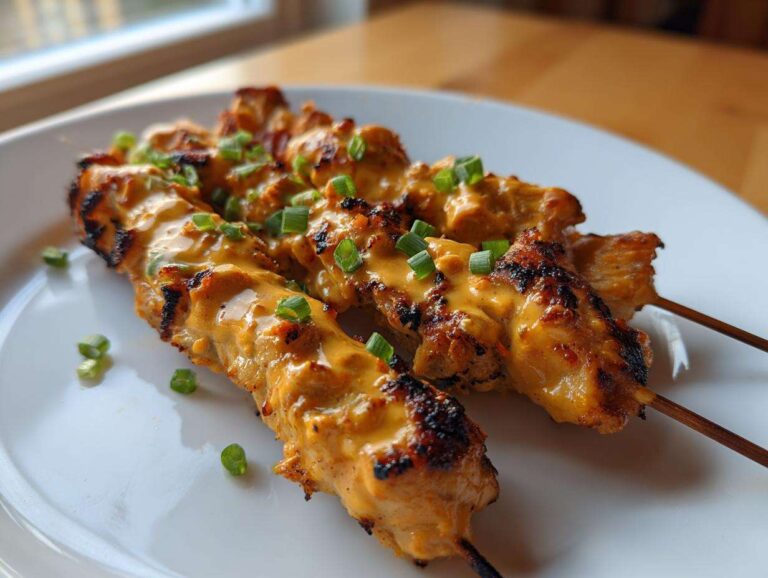 Three grilled bang bang chicken skewers drizzled with orange sauce and topped with chopped green onions.