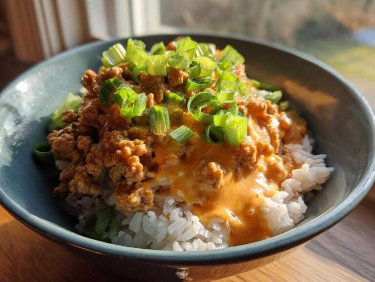 A close-up of a serving of Bang Bang Ground Turkey Rice Bowls topped with creamy sauce and sliced green onions.