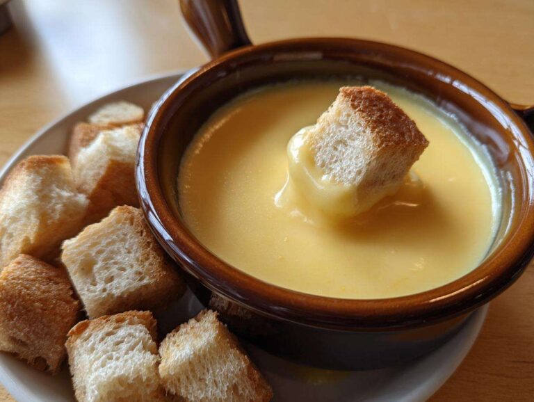 A close-up of a piece of toasted bread being dipped into a rich, yellow cheese fondue served in a brown ceramic pot.
