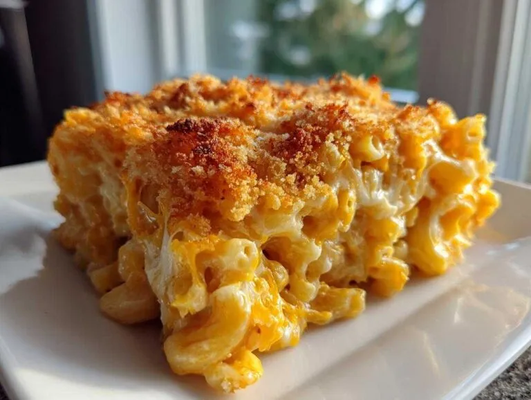 A generous, gooey slice of baked mac and cheese with a crispy breadcrumb topping, showcasing the best easy homemade mac and cheese recipe.