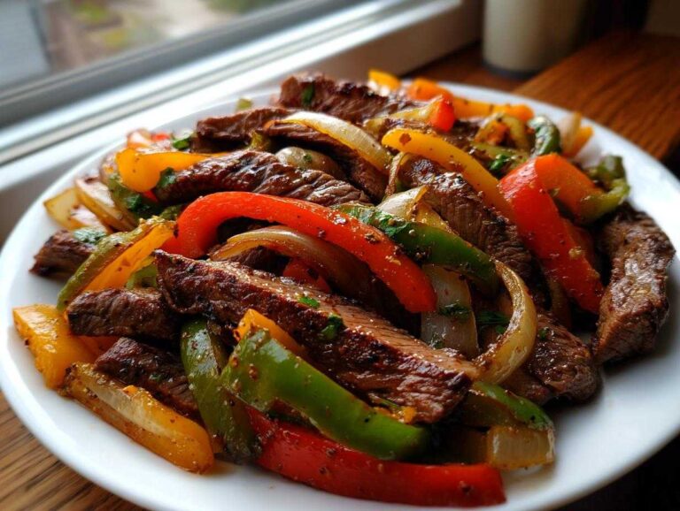 Close-up of perfectly cooked steak fajita strips mixed with colorful sautéed bell peppers and onions on a white plate.