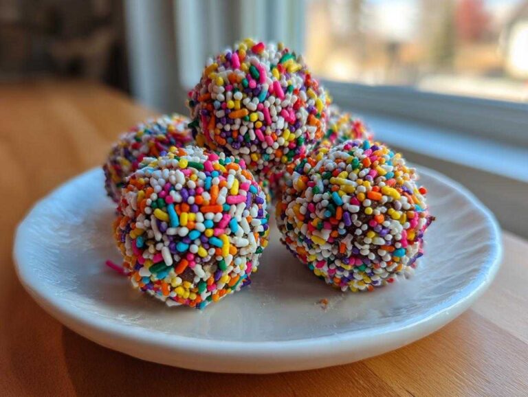 Close-up of several birthday cake batter protein balls completely covered in rainbow sprinkles, resting on a white plate.