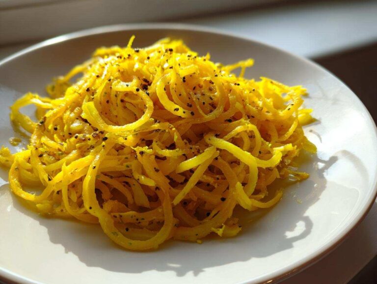 Bright yellow, spiralized black pepper turmeric cauliflower and garlic noodles served on a white plate.