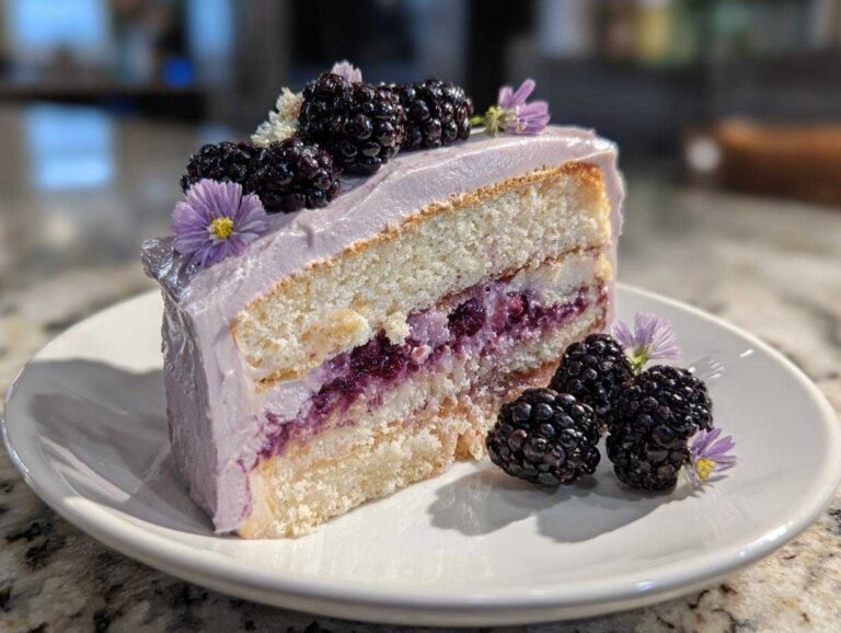 A beautiful slice of Blackberry Lavender Cake showing layers of white cake, purple filling, and lavender frosting, garnished with fresh blackberries.