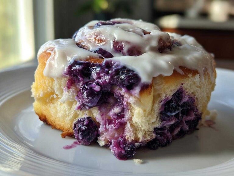 A close-up view of a single, soft blueberry cinnamon roll slice dripping with white icing and bursting with purple blueberry filling.