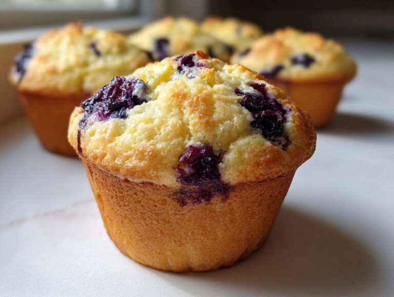 A close-up of a golden-brown blueberry cottage cheese muffin with a slightly domed top, several others blurred in the background.