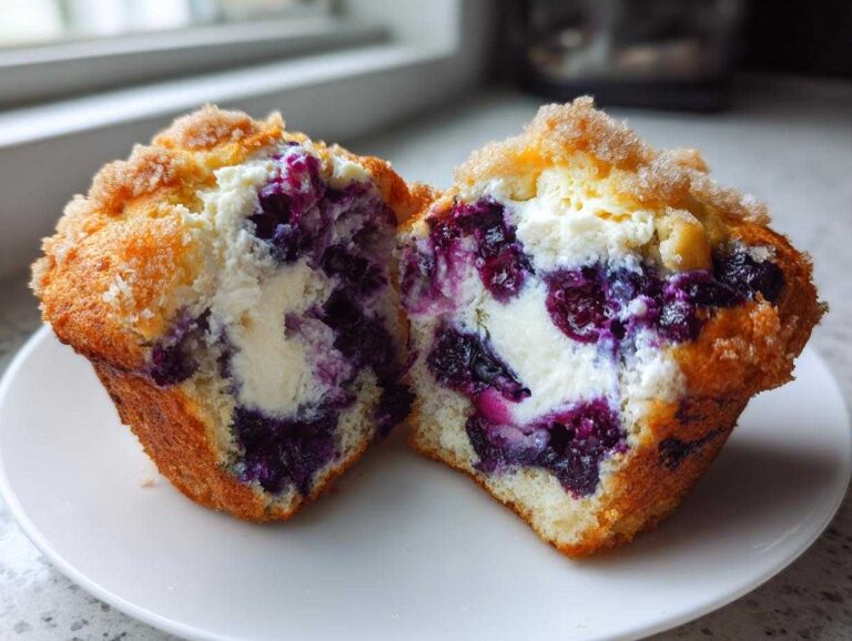 A blueberry cream cheese muffin cut in half showing the rich filling and sugary top.