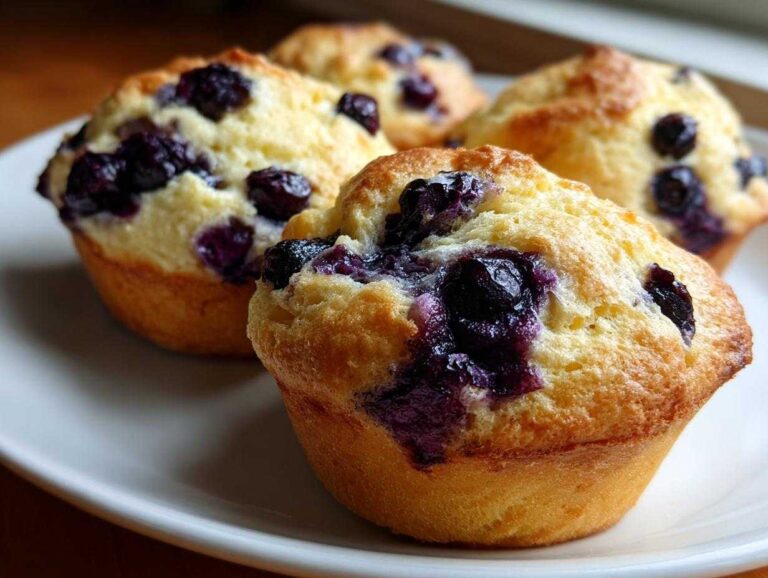 Four golden baked blueberry muffins, likely made from cottage cheese blueberry cloud bread batter, sitting on a white plate.