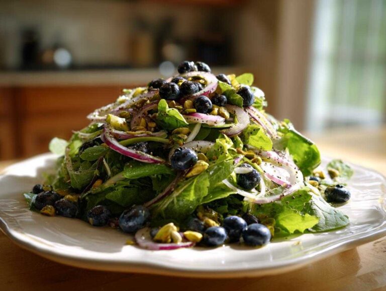 A vibrant mound of fresh greens topped with blueberries, red onion slices, and pistachios for the blueberry pistachio spring salad recipe.