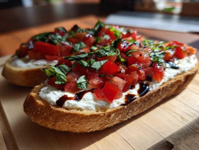 Two slices of toasted bread topped with creamy Boursin bruschetta dip, fresh diced tomatoes, basil, and balsamic glaze.