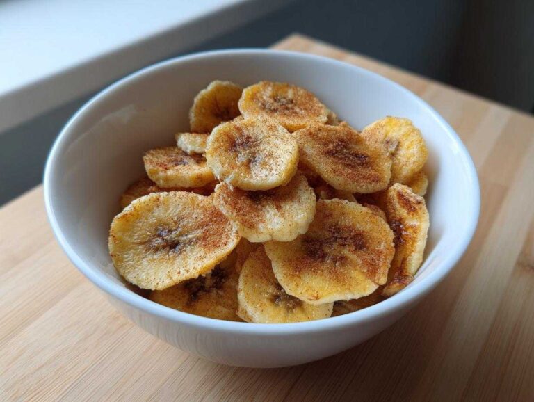 A white bowl filled with crispy, cinnamon-dusted air fryer banana chips resting on a wooden surface.