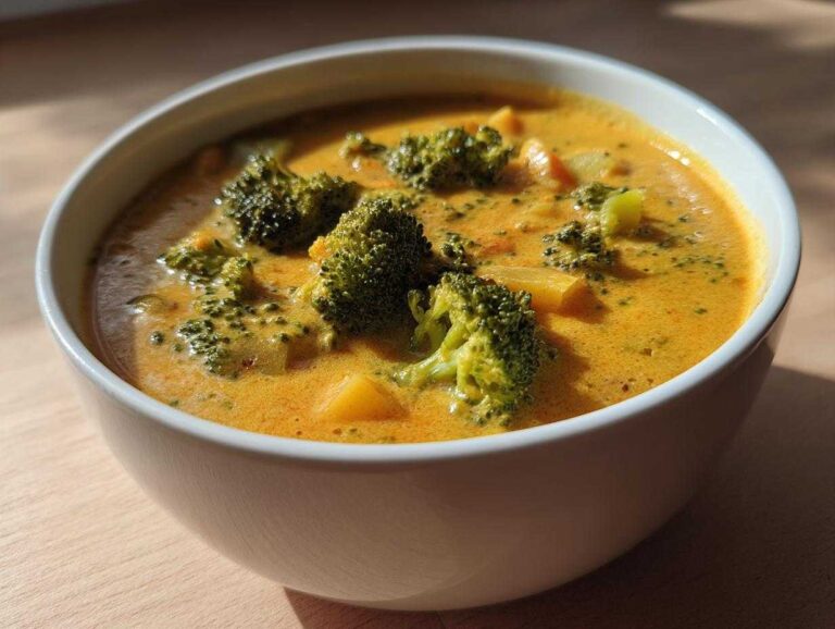 Close-up of a creamy, orange-hued broccoli cheddar soup topped with bright green broccoli florets.