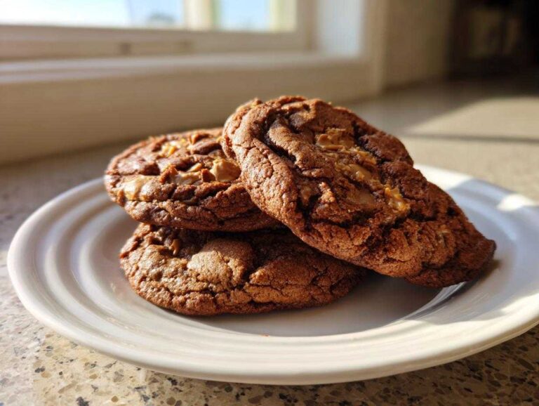 Three rich, dark brown butter coffee toffee cookies stacked on a white plate, lit by sunlight.