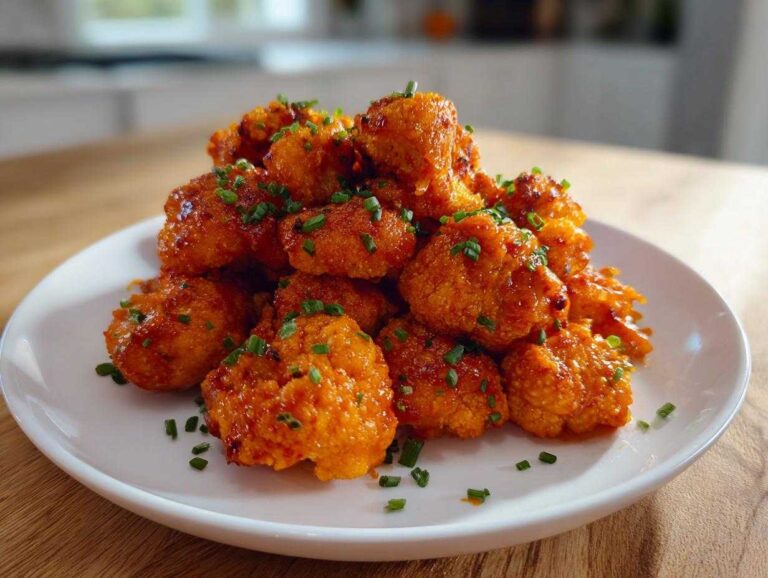 A pile of crispy, saucy buffalo cauliflower bites garnished with fresh green chives on a white plate.