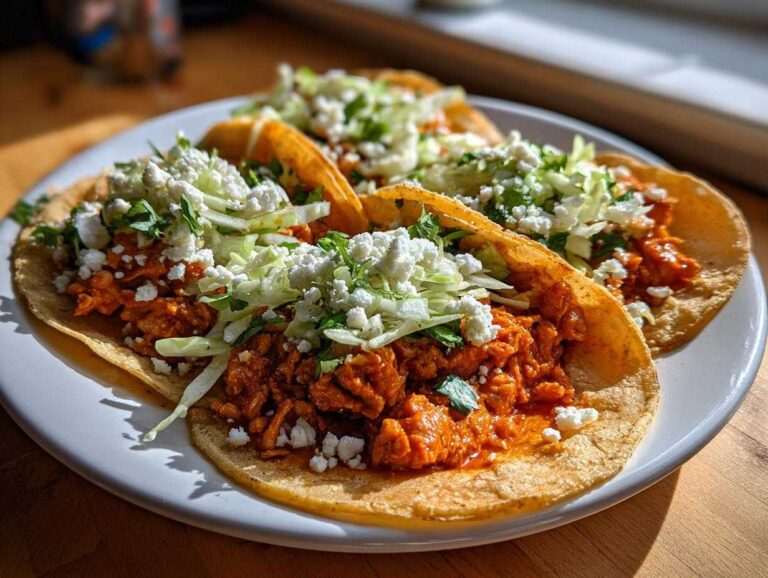 Three delicious buffalo white bean tacos filled with saucy orange filling, topped with shredded cabbage and cotija cheese.
