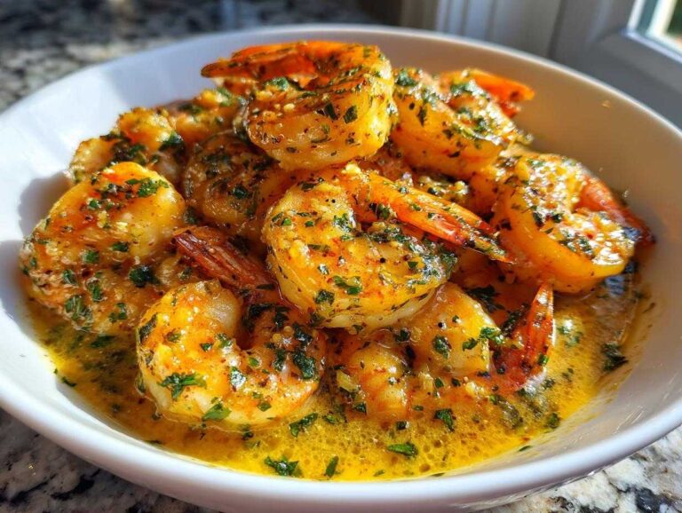 Close-up of succulent cajun shrimp coated in a rich, buttery sauce and garnished with fresh parsley.
