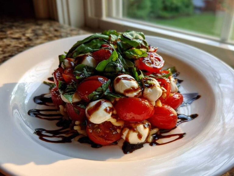 A beautifully plated serving of caprese pasta salad featuring cherry tomatoes, mozzarella balls, and fresh basil drizzled with balsamic glaze.