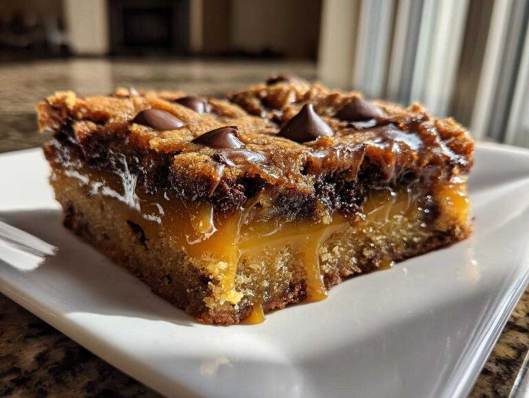 A gooey, thick square of caramel filled chocolate chip cookie bars showing melted caramel oozing out, topped with chocolate chips.