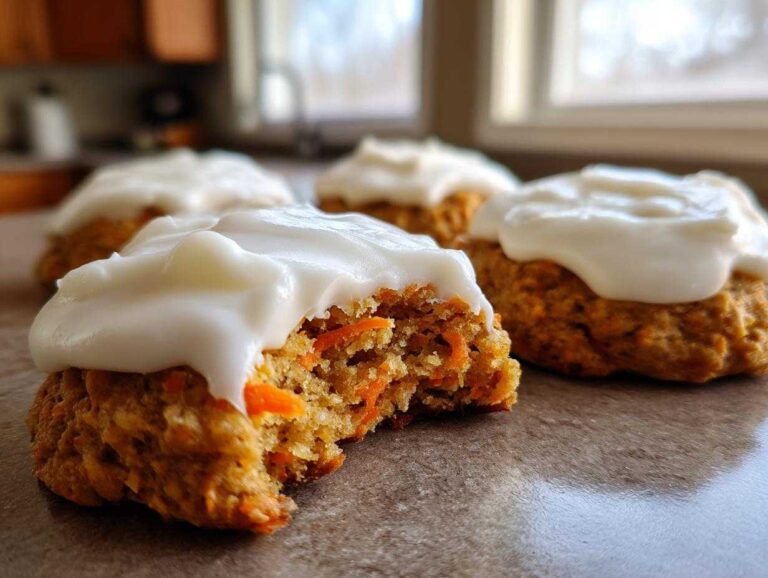 A close-up of a soft carrot cake cookies recipe batch, featuring one cookie with a bite taken out, topped with thick cream cheese frosting.
