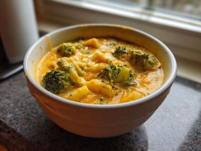 Close-up of a white bowl filled with thick, creamy cheddar broccoli potato soup, featuring visible chunks of potato and bright green broccoli florets.