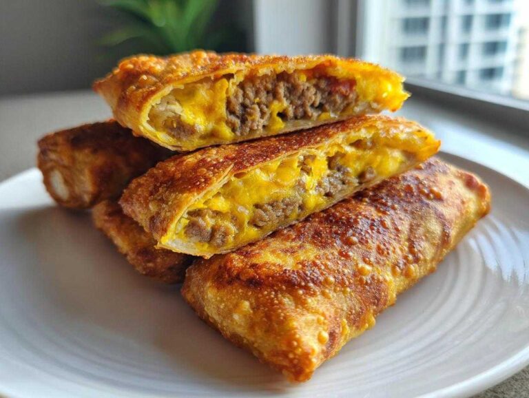 Close-up of crispy, golden brown cheeseburger egg rolls stacked on a white plate, one cut open showing ground beef and melted cheese filling.