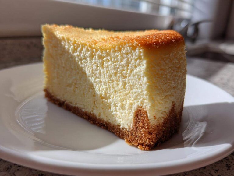 A thick, creamy slice of cheesecake recipe resting on a white plate, showing a golden-brown top and graham cracker crust.