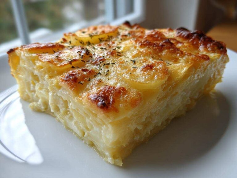 A perfect square slice of cheesy scalloped potatoes showing layers of tender potatoes baked in cream sauce with a golden, bubbly cheese crust.
