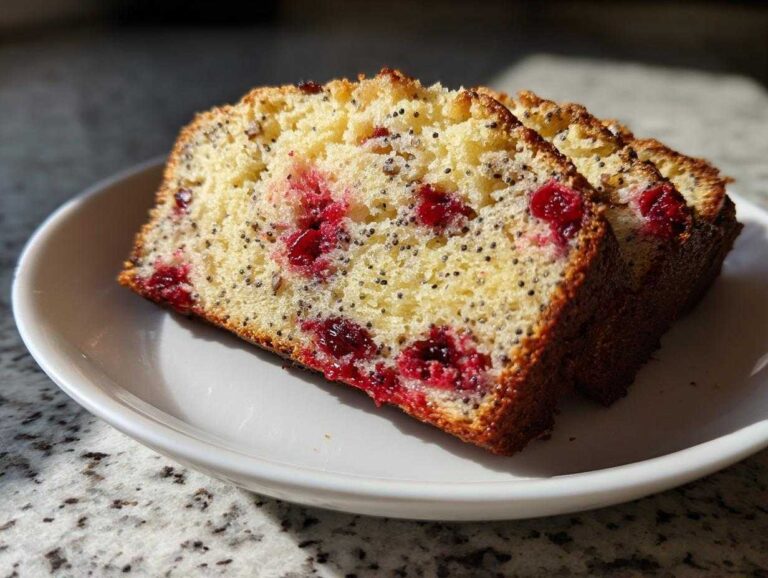 Close-up of three moist slices of cherry almond poppyseed bread featuring bright red cherries and visible poppy seeds.