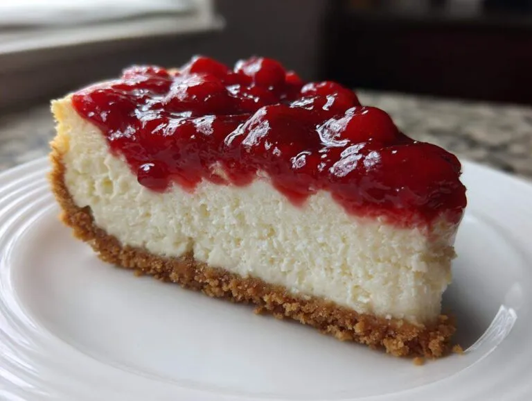 A perfect slice of creamy cherry cheesecake on a white plate, featuring a graham cracker crust and bright red cherry topping.