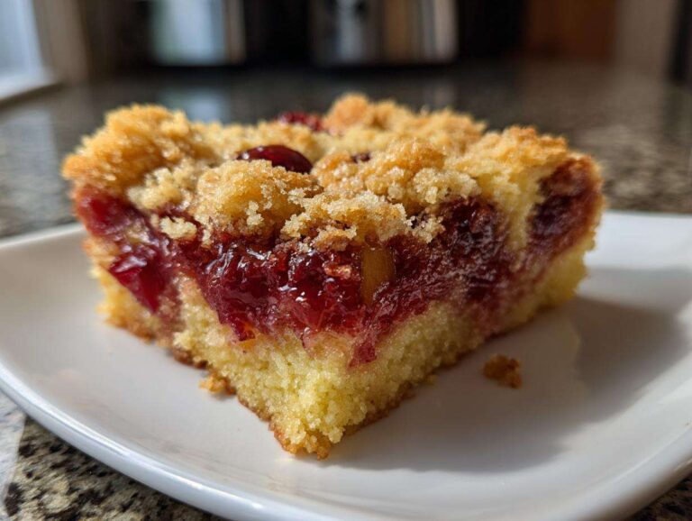 Close-up of a square slice of cherry pineapple dump cake showing the moist cake base, bright red cherry filling, and golden crumb topping.