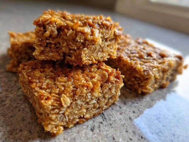 A stack of freshly baked, chewy banana oatmeal bars showing visible oats and a glossy top.