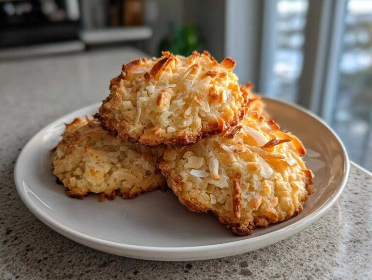 A stack of three golden-brown, textured chewy coconut cookies featuring toasted coconut flakes on a light gray plate.