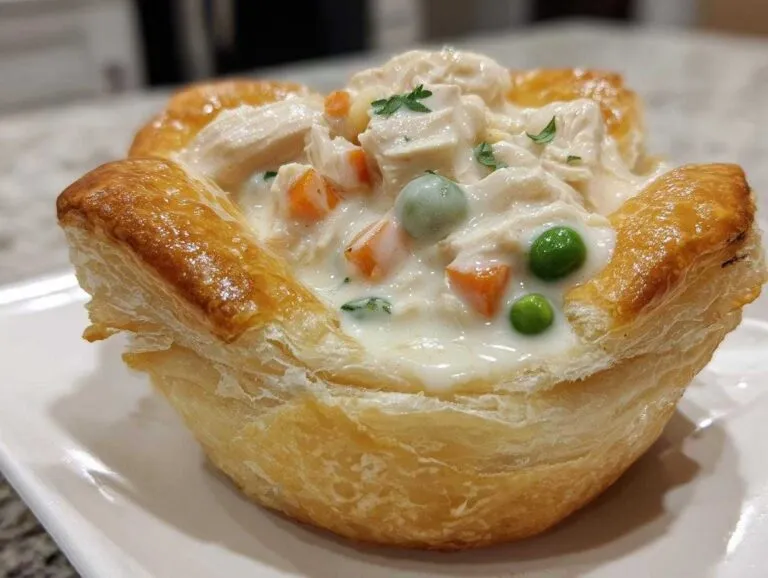 A single serving of creamy chicken a la king recipe filling inside a flaky, golden puff pastry shell.