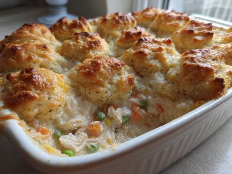 Close-up of a baked Chicken and Biscuits Casserole in a white dish, featuring golden biscuits over creamy chicken and vegetables.