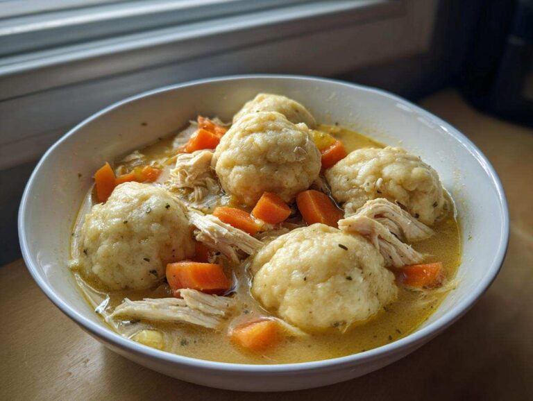A close-up of a white bowl filled with rich broth, shredded chicken, carrots, and fluffy chicken and drop dumplings.