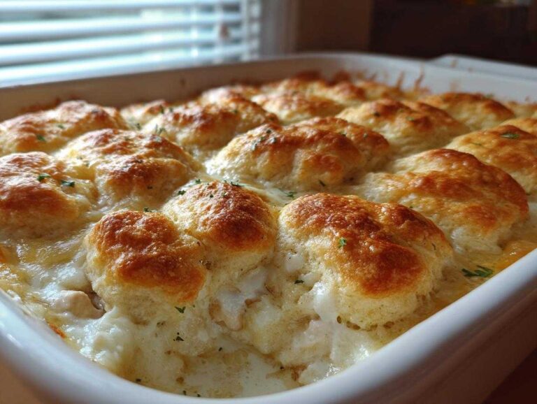 Close-up of a bubbling chicken bubble biscuit bake casserole with golden brown biscuits on top.