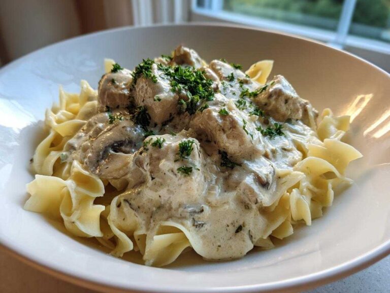 A close-up of creamy chicken mushroom stroganoff served over wide egg noodles and garnished with fresh parsley.