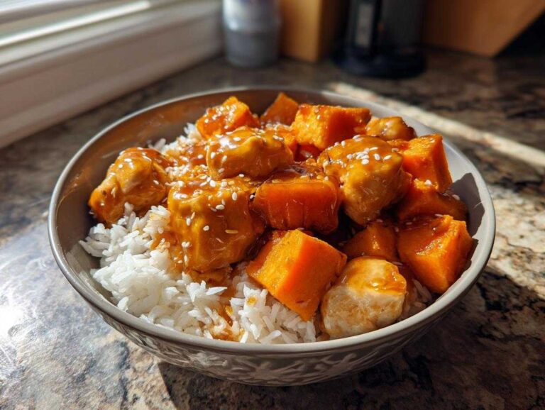 A close-up of a chicken sweet potato rice bowl topped with a glaze and sesame seeds.